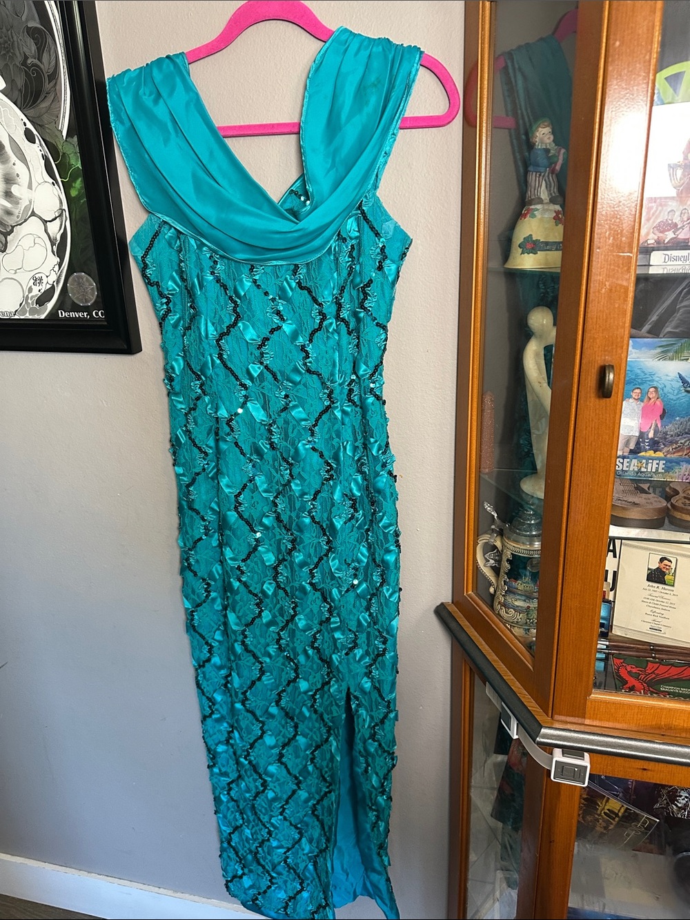 Vintage Roberta Bridal Turquoise Sequin Maxi Dress with Draped Cowl